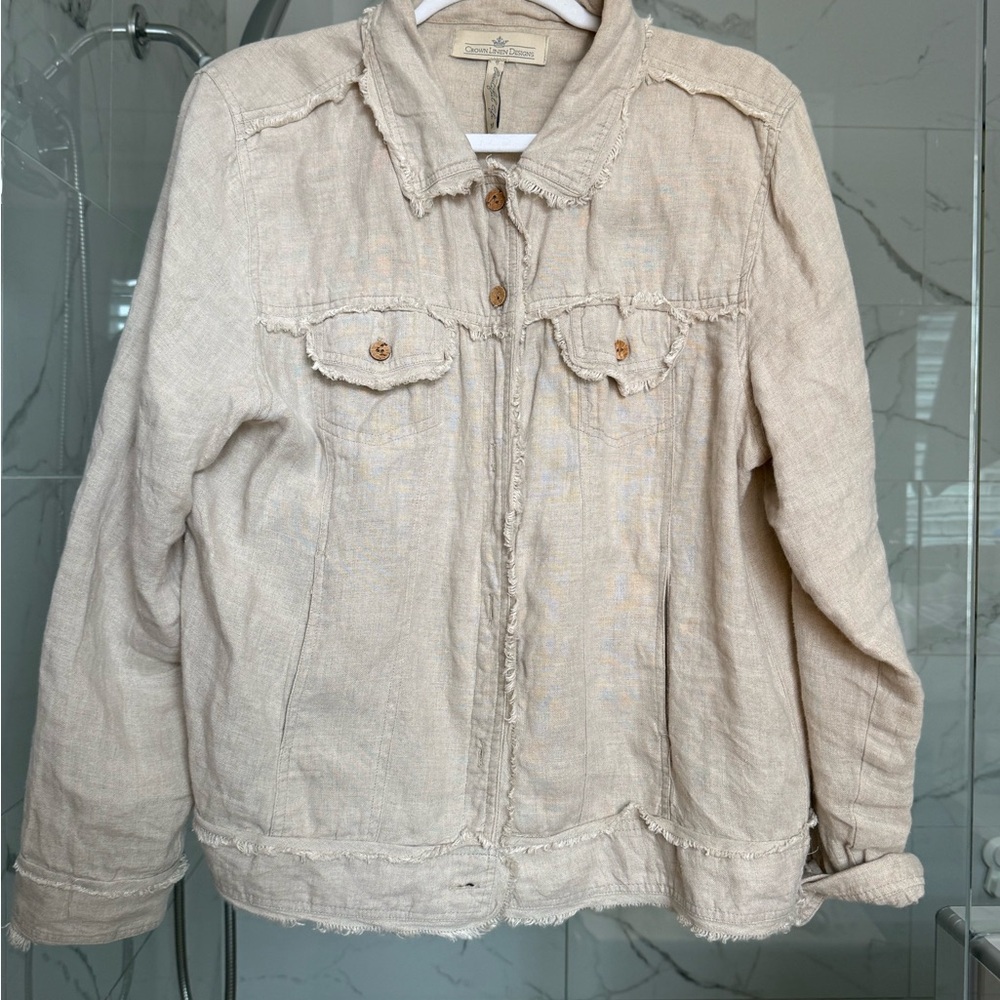 Arte Italica Cream Frayed Button-Front Jean Jacket